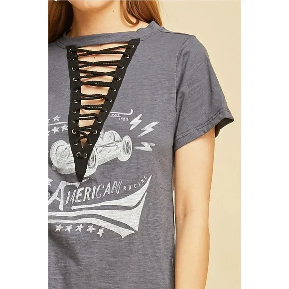 Entro Lace Up Graphic Tee, Charcoal - Picture 3 of 4